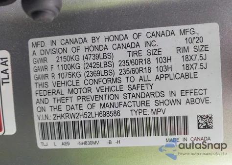 2020 Honda Cr-V Ex from USA, damaged, VIN 2HKRW2H52LH698586